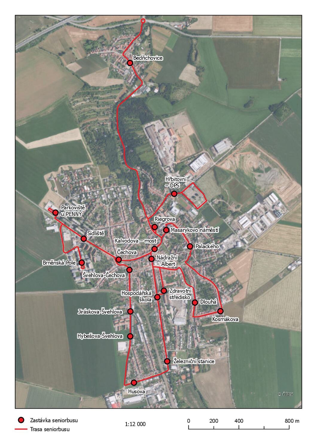 Mapa trasy a zastávek seniorbusu